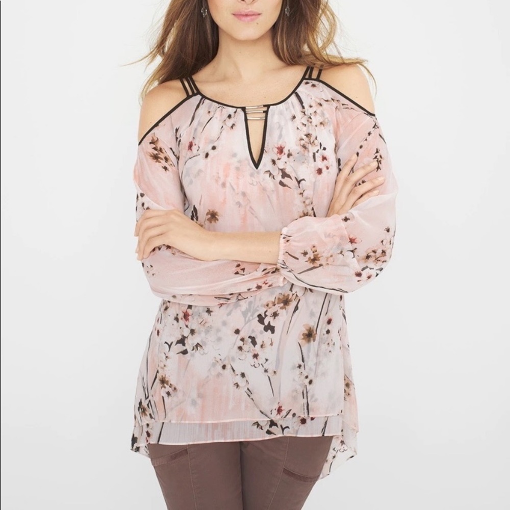 White House Black Market floral cold shoulder chiffon long sleeve blouse